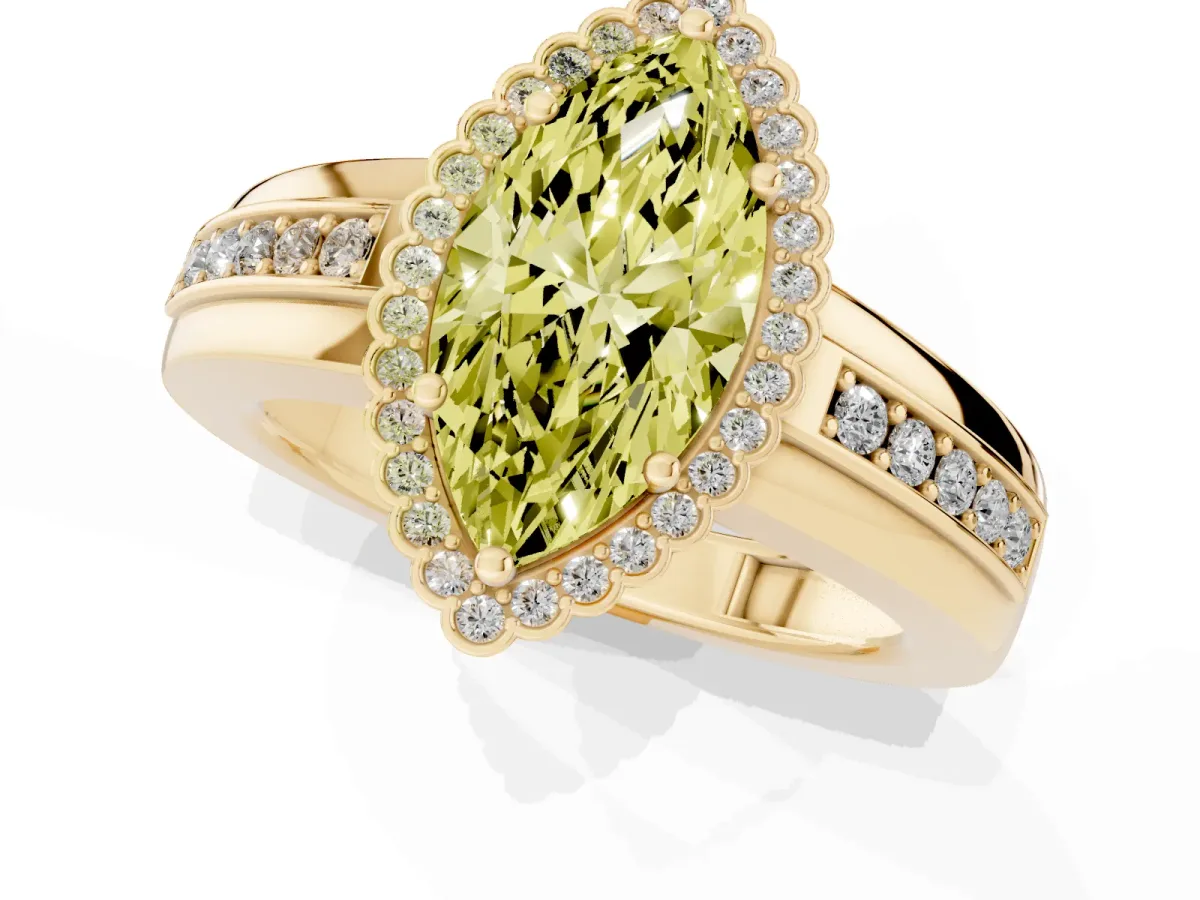 Fancy Yellow Marquise Cut Cut Halo Pave Band Four-Prong Ring Yellow gold