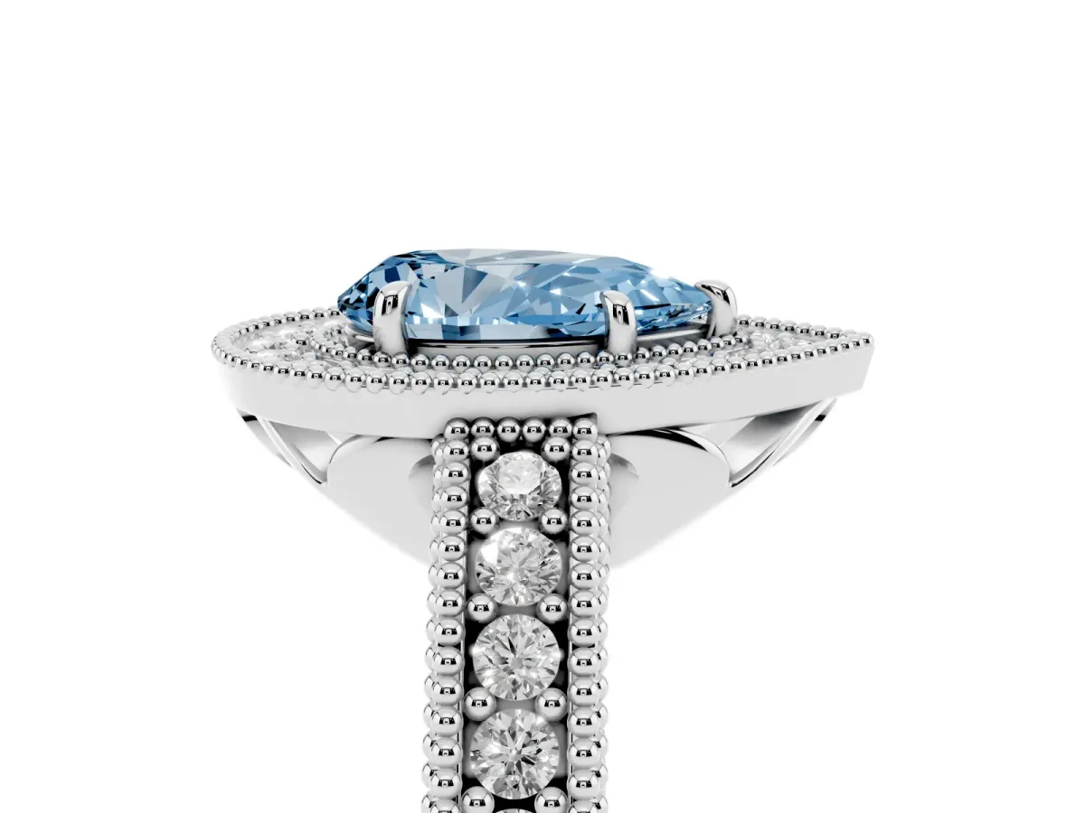 Fancy Blue Pear Cut Cut Halo Diamond Ring with Pavé Band and Four-Prong Setting Platinum