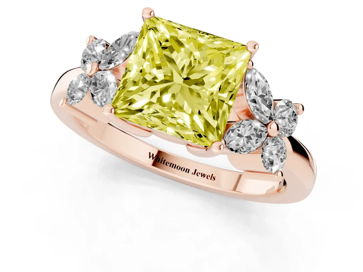 Fancy Yellow Princess Cut Diamond Floral Cluster Ring with Solitaire Band and Prong Setting Rose gold
