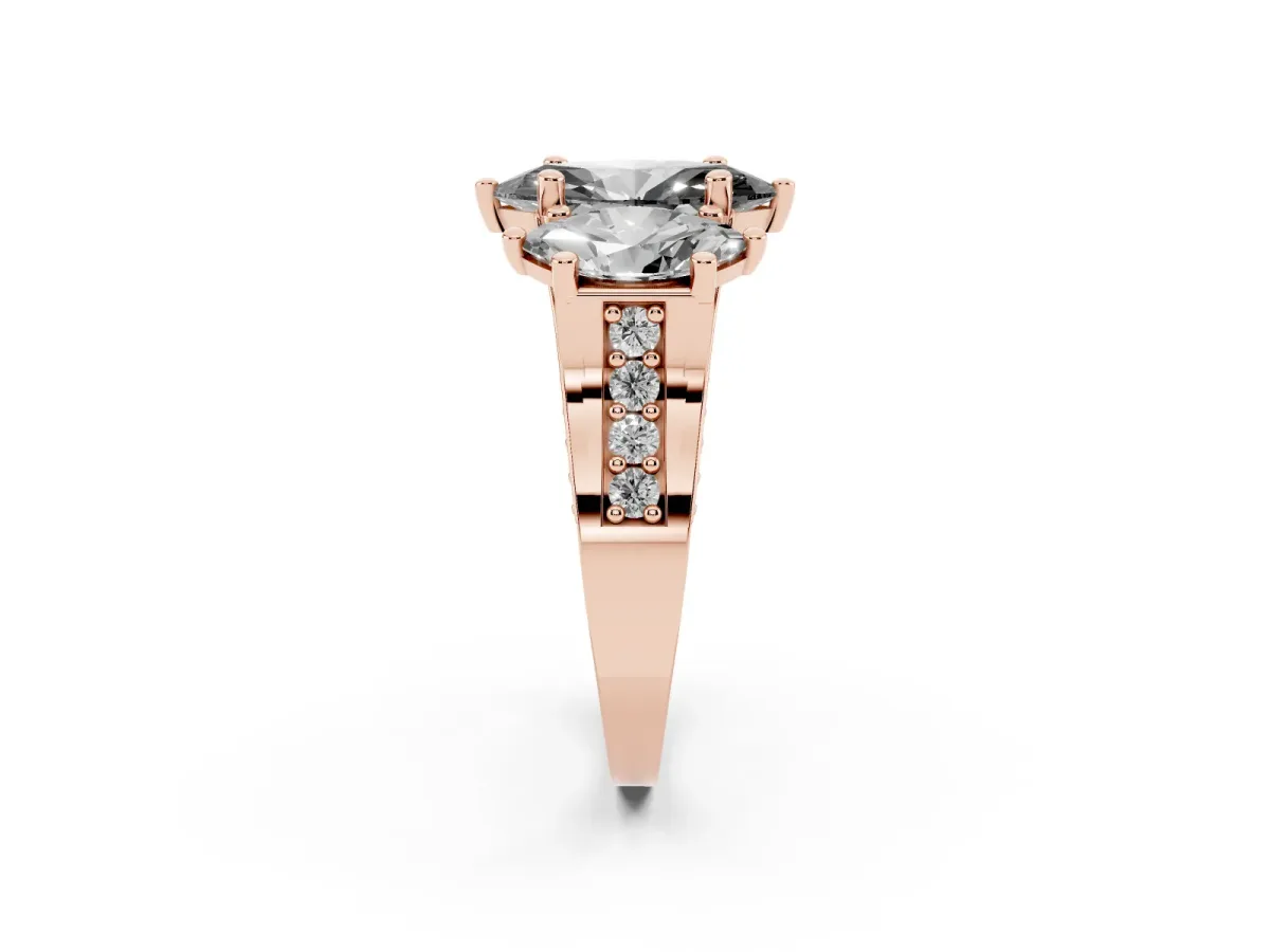 Fancy Black Marquise Cut Diamond Three-Stone Ring with Channel Set Band and Four-Prong Setting Rose gold