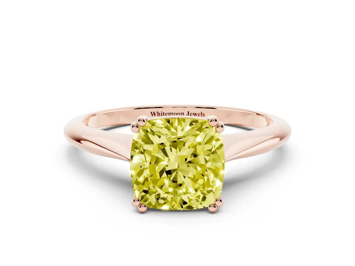 Fancy Yellow Cushion Cut Solitaire Diamond Ring with Six-Prong Setting and Classic Band Rose gold