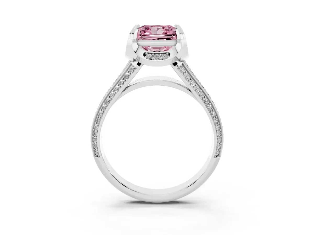 Fancy Pink Princess Cut Solitaire Pave Split Shank Ring with Four-Prong Setting Silver