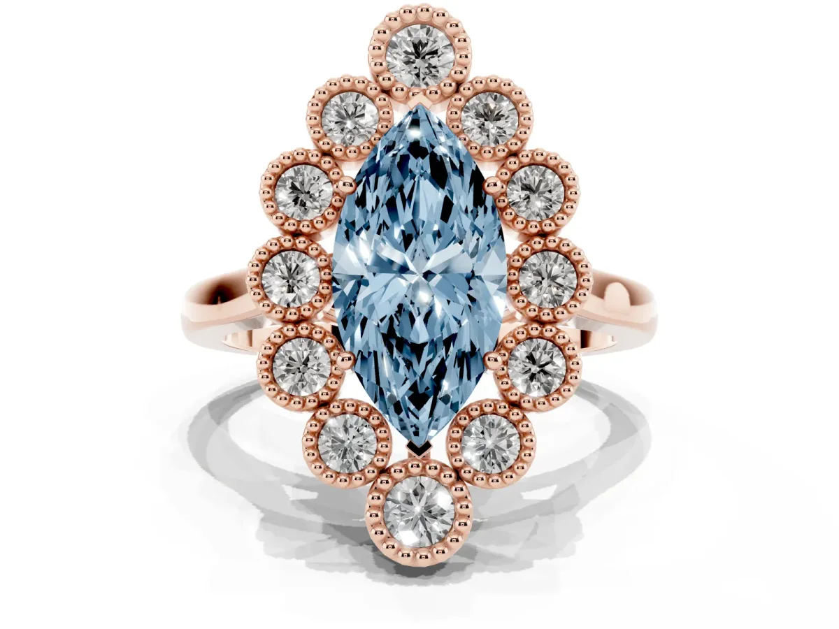 Fancy Blue Marquise Cut Halo Diamond Cluster Engagement Ring with Milgrain Bezel Setting and Solitaire Band Rose gold