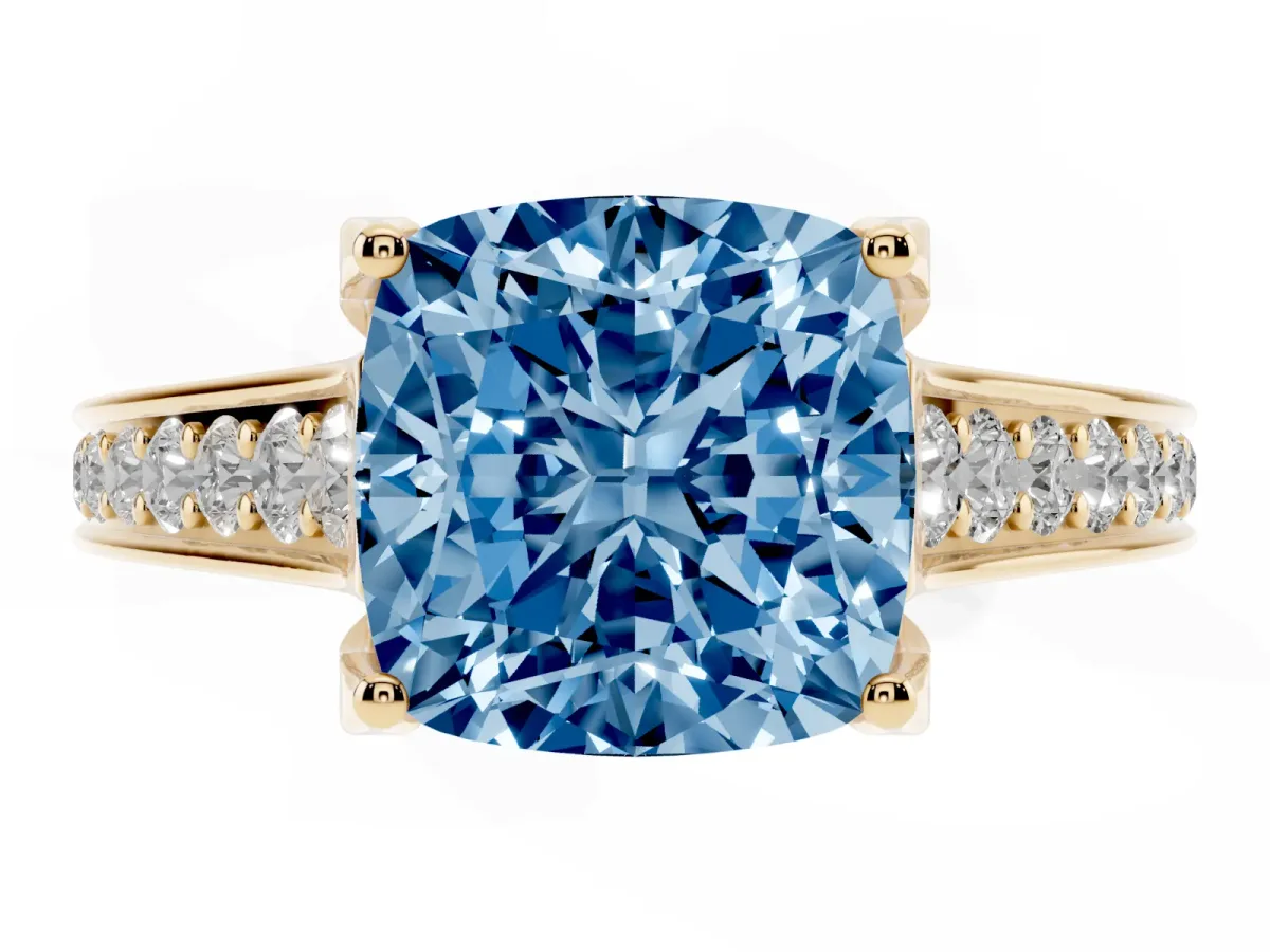 Fancy Blue Cushion Cut Brilliant Cut Diamond Engagement Ring with Pavé Band and Four-Prong Setting Yellow gold