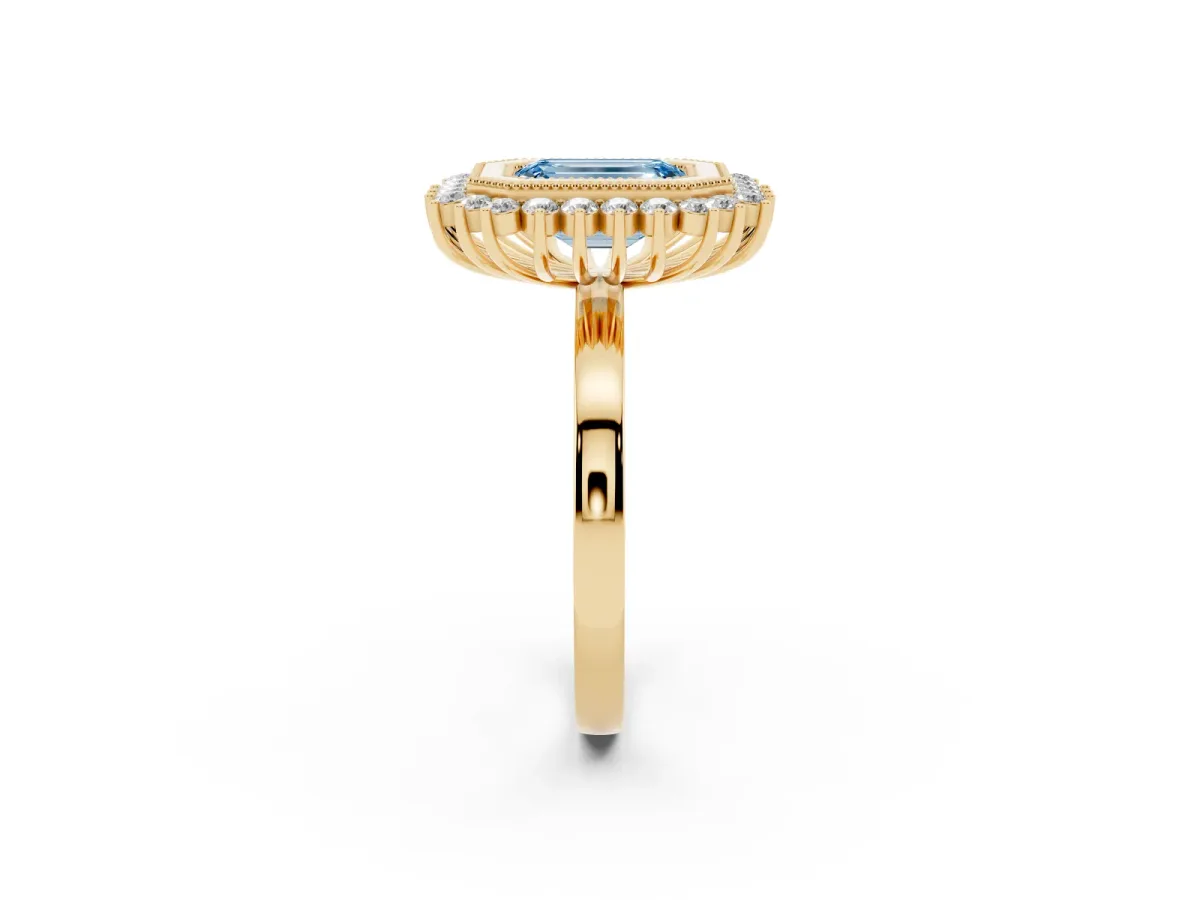 Fancy Blue Emerald Cut Halo Diamond Ring with Milgrain Edge and Round Prong Setting Yellow gold