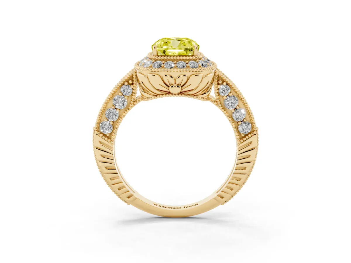 Fancy Yellow Cushion Cut Halo Diamond Split Shank Ring with Milgrain Detail Yellow gold