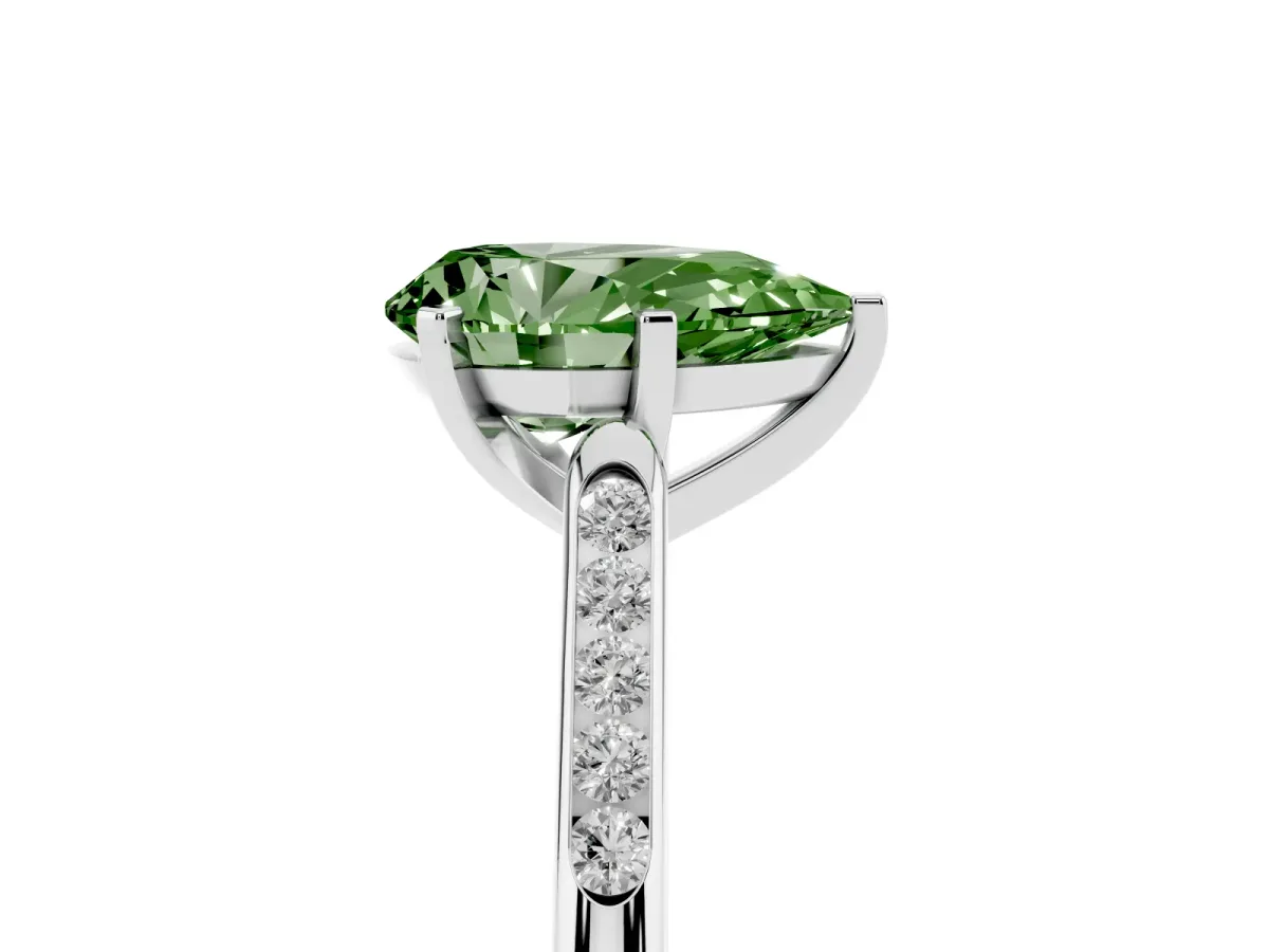 Fancy Green Pear Cut Diamond Solitaire Ring with Channel Set Round Band and Prong Setting Silver