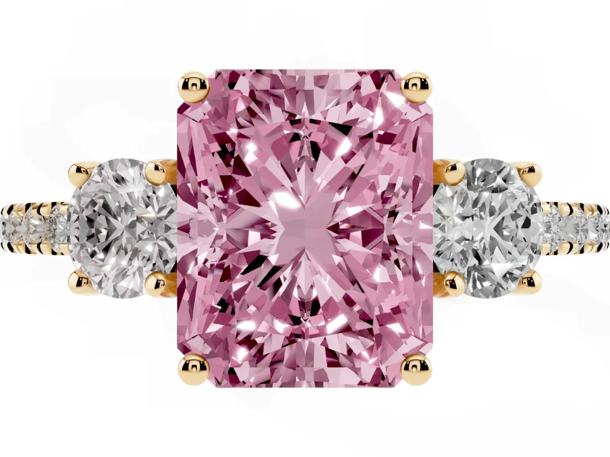 Fancy Pink Three-Stone Radiant Cut Cut Diamond Pavé Band with Prong Setting Yellow gold
