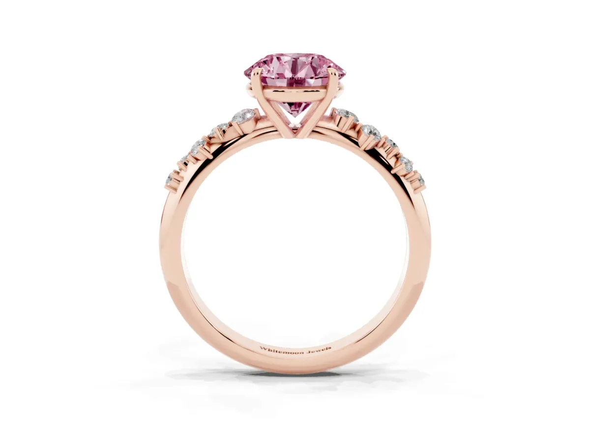 Fancy Pink Round Cut Diamond Cluster Side Stone Solitaire Ring with Prong Setting Rose gold