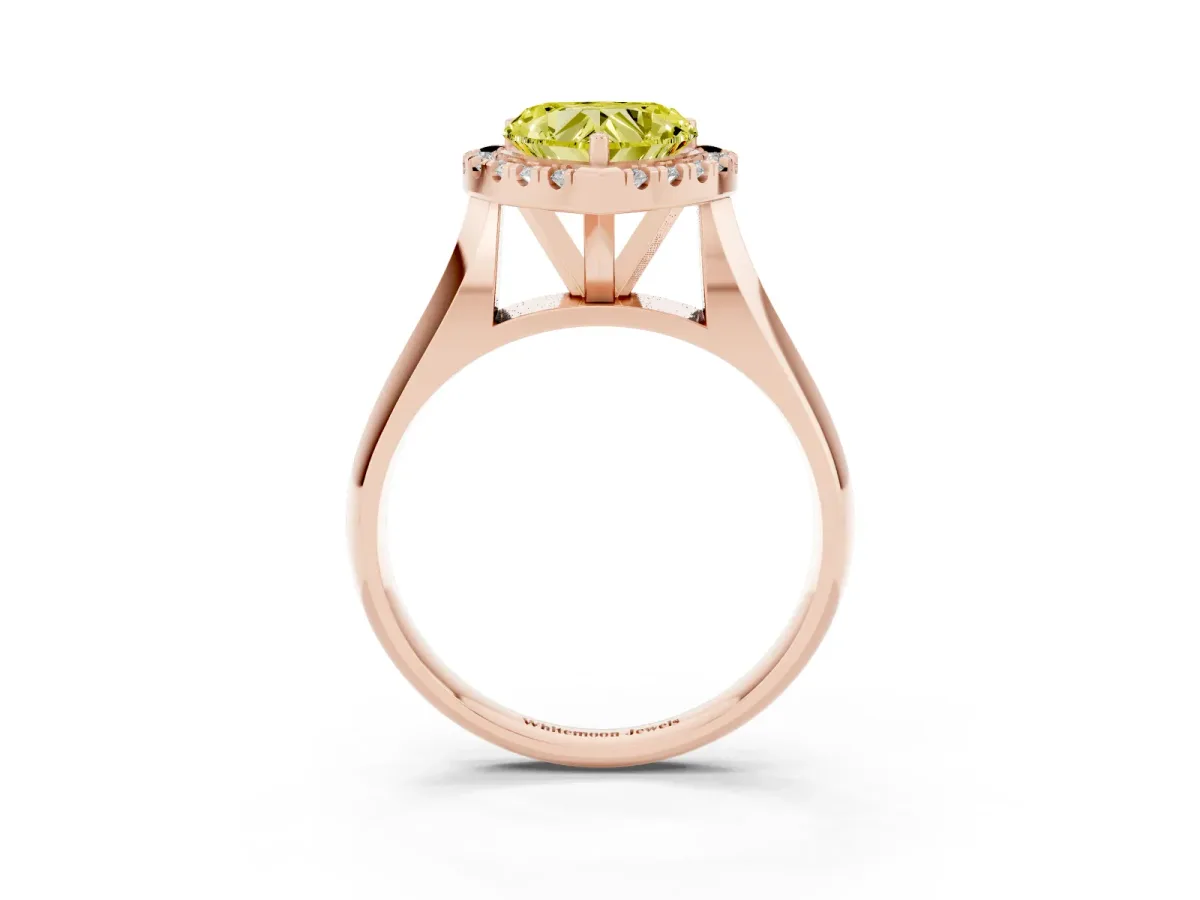 Fancy Yellow Heart Cut Cut Halo Solitaire Engagement Ring with Square Band and Four-Prong Setting Rose gold