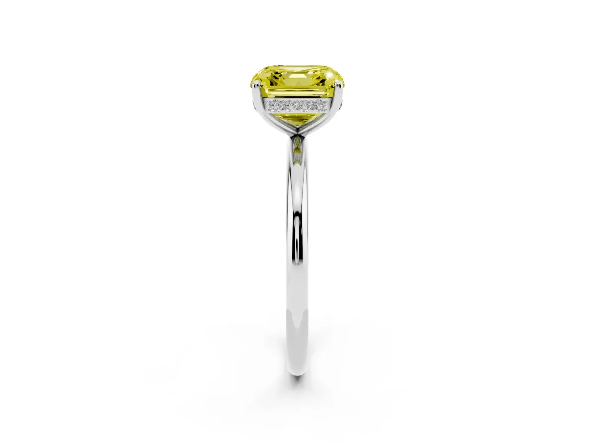 Fancy Yellow Asscher Cut Solitaire Diamond Ring with a Classic Band and Four-Prong Setting Silver