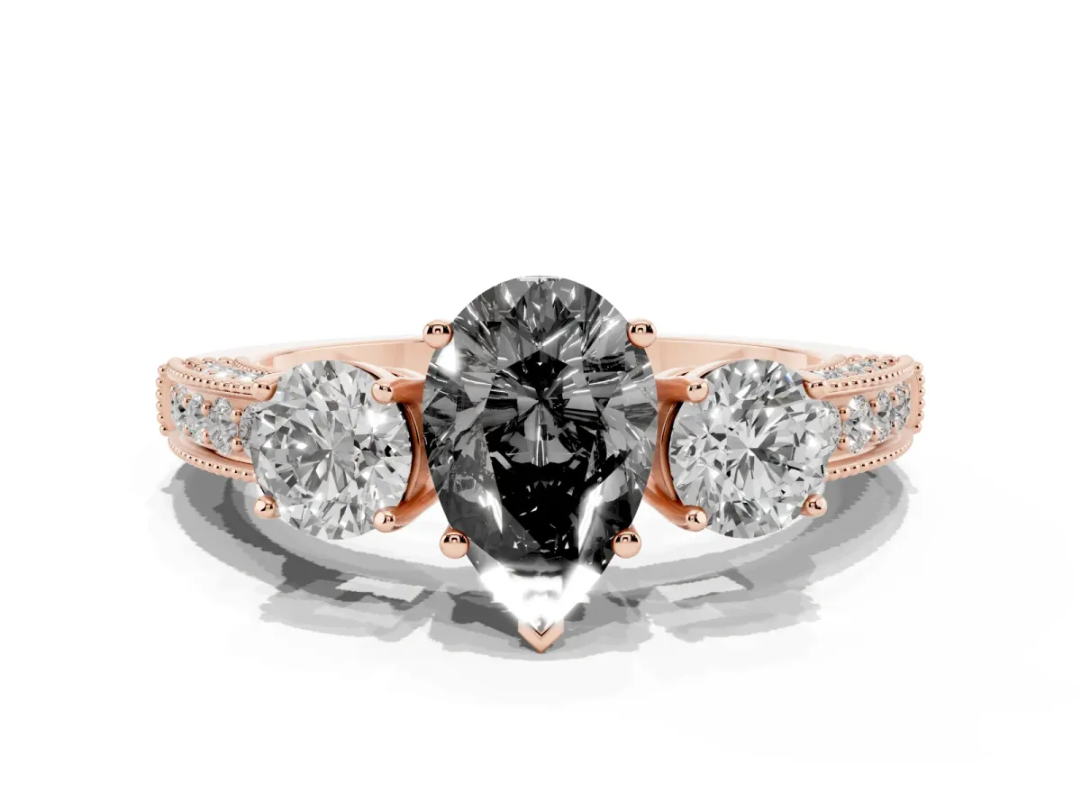 Fancy Black Pear Cut Three-Stone Diamond Ring with Pavé Band and Four-Prong Setting Rose gold