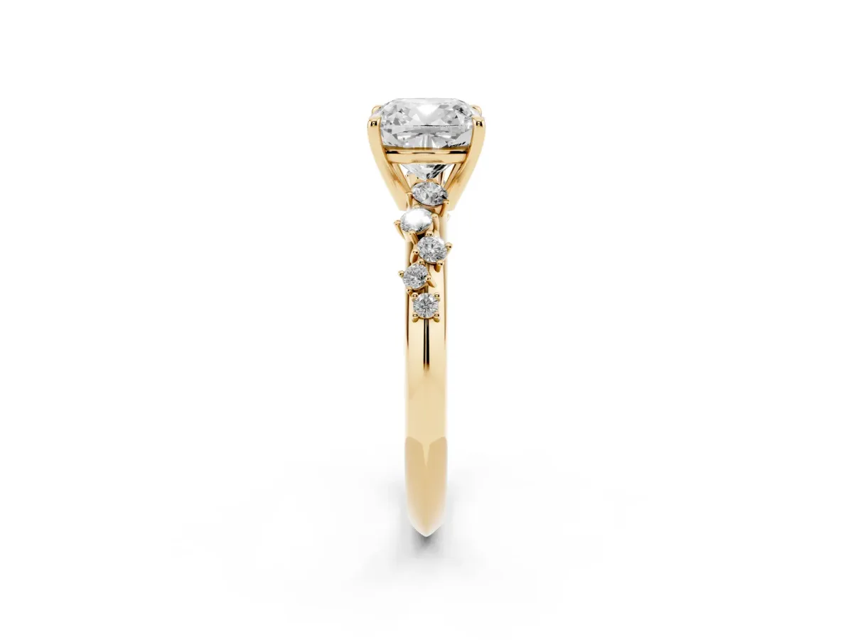 Cushion Cut Diamond Cluster Side Stone Solitaire Ring with Prong Setting Yellow gold