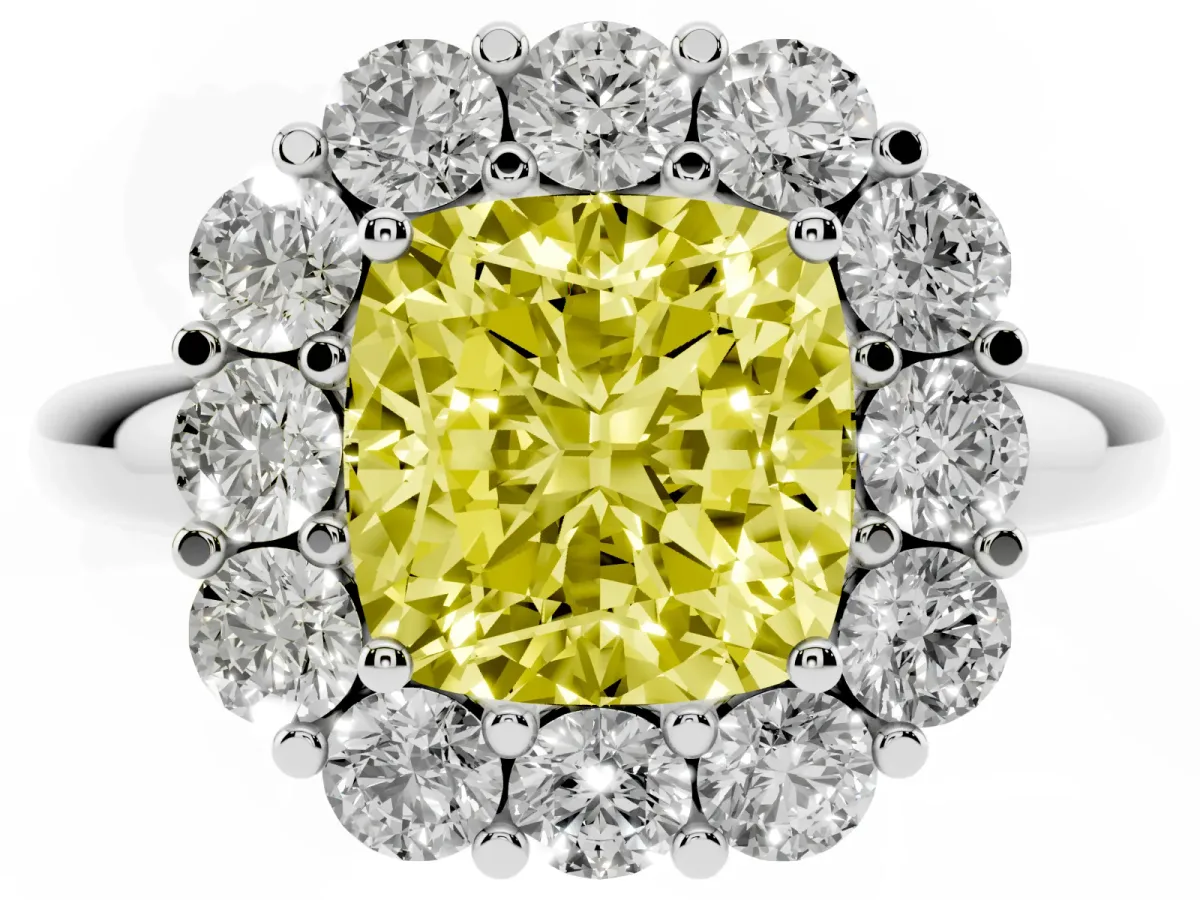 Fancy Yellow Cushion Cut Halo Cluster Diamond Engagement Ring with Prong Setting and Polished Band Silver