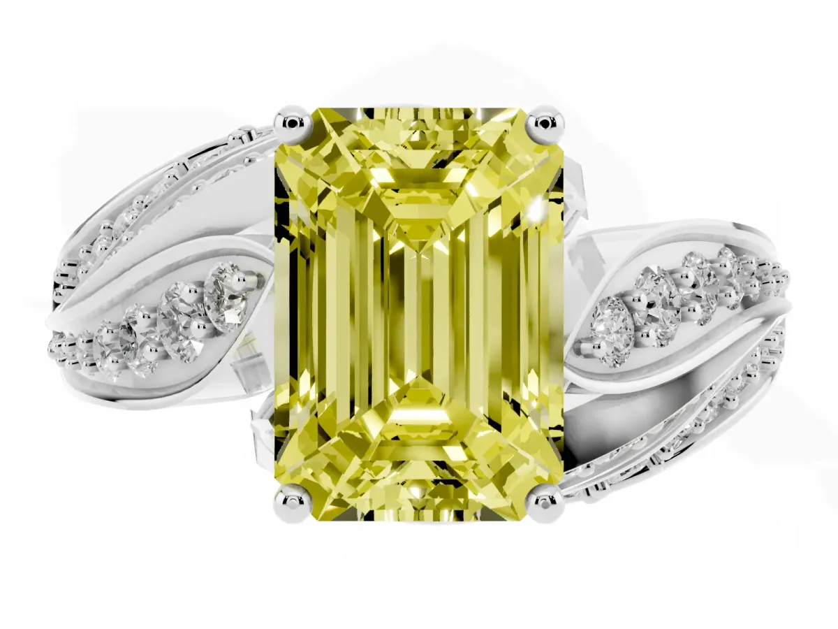 Fancy Yellow Emerald Cut Diamond Solitaire Ring with Prong Setting and Twisted Pavé Band Silver