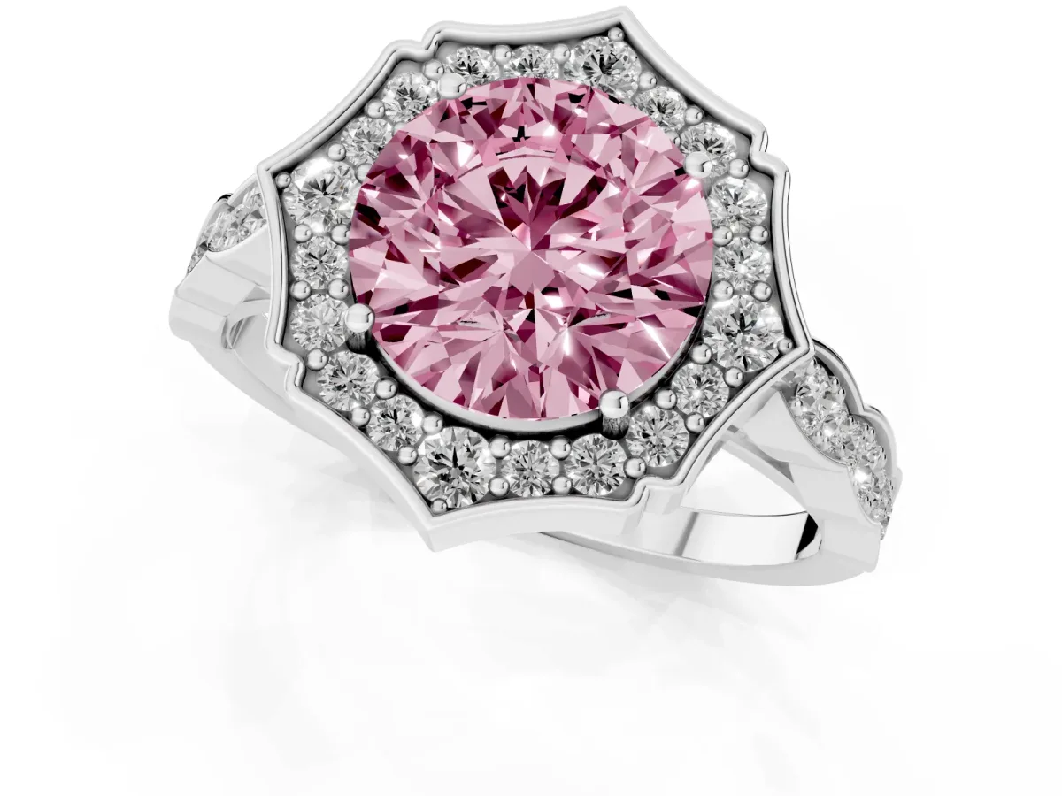 Fancy Pink Round Cut Halo Diamond Engagement Ring with Milgrain Band and Four-Prong Setting Platinum