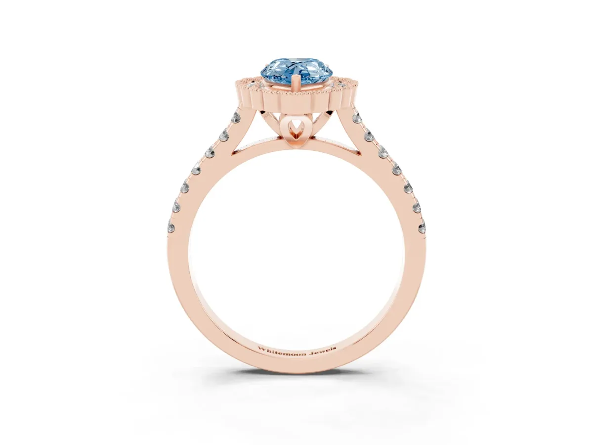 Fancy Blue Pear Cut Cut Diamond Milgrain Floral Halo Engagement Ring with Pavé Band Rose gold