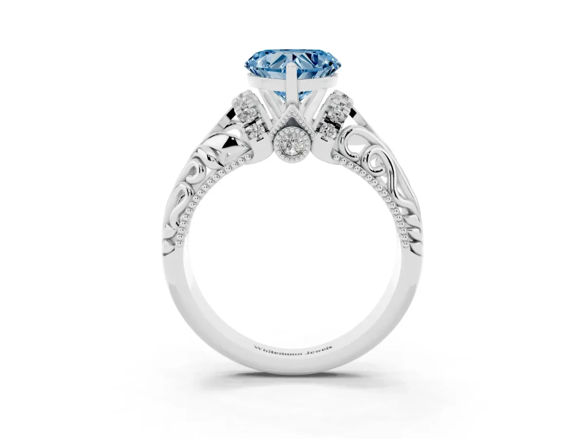 Fancy Blue Heart Cut Solitaire Filigree Engagement Ring with Halo and Prong Setting White gold