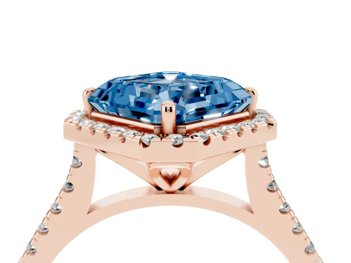 Fancy Blue Asscher Cut Diamond Cushion Halo Ring with Pavé Band Rose gold