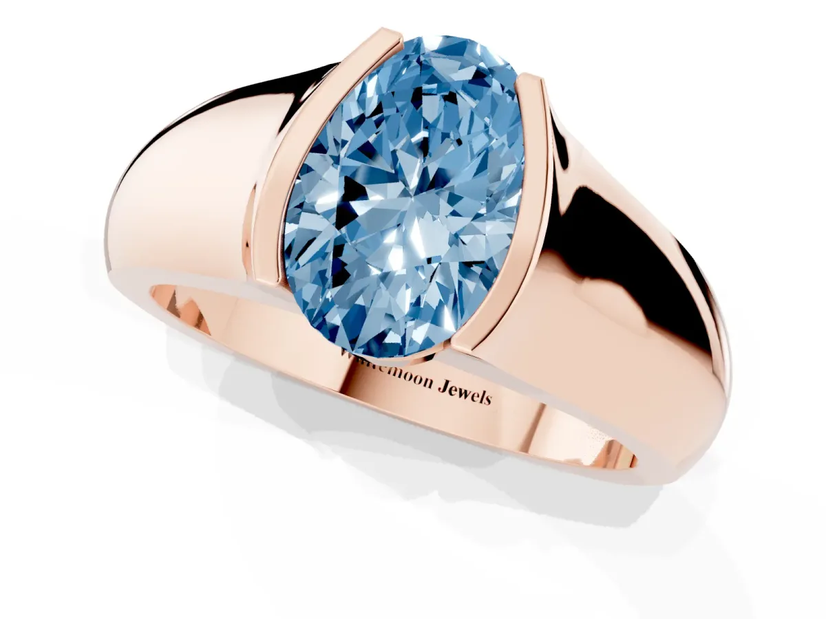 Fancy Blue Oval Cut Solitaire Bezel Set Diamond Ring with Wide Band Rose gold