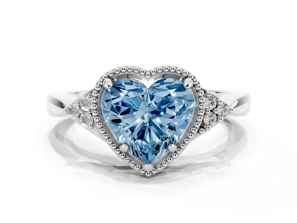 Fancy Blue Heart Cut Diamond Halo Ring with Tapered Band and Four-Prong Setting Platinum