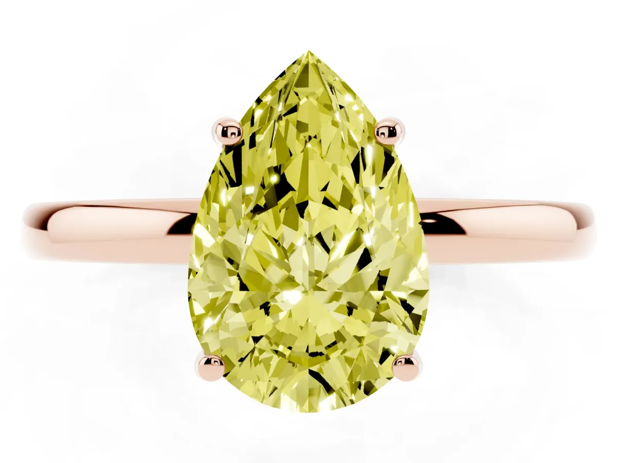 Fancy Yellow Pear Cut Solitaire Diamond Ring with Prong Setting and Plain Band Rose gold