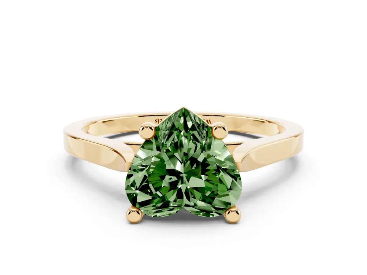 Fancy Green Heart Cut Solitaire Diamond Ring with Four-Prong Setting and Tapered Band Yellow gold