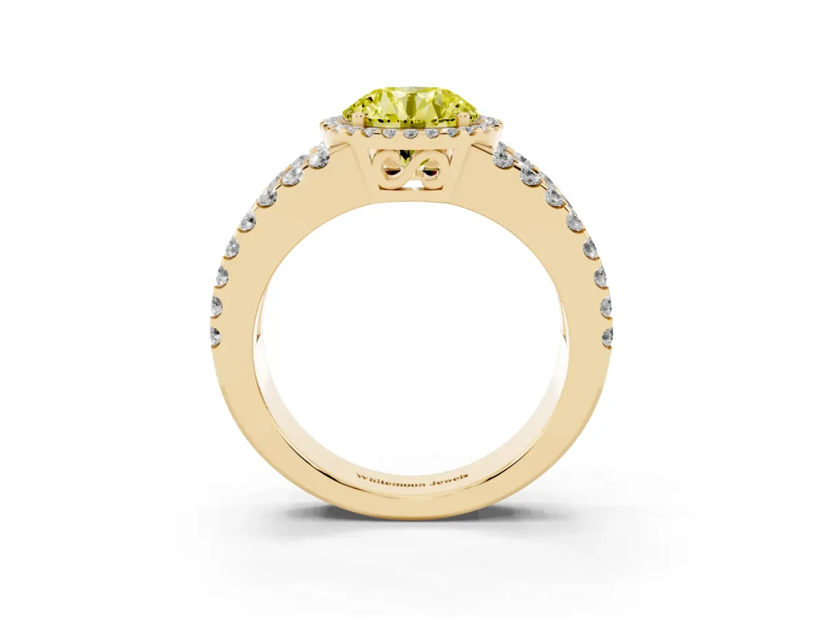 Fancy Yellow Round Cut Cut Halo Split Shank Diamond Ring with Four-Prong Setting Yellow gold