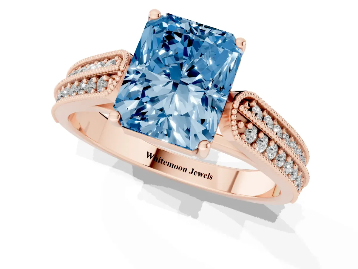 Fancy Blue Radiant Cut Cut Pave Split Shank Engagement Ring with Four-Prong Setting Rose gold