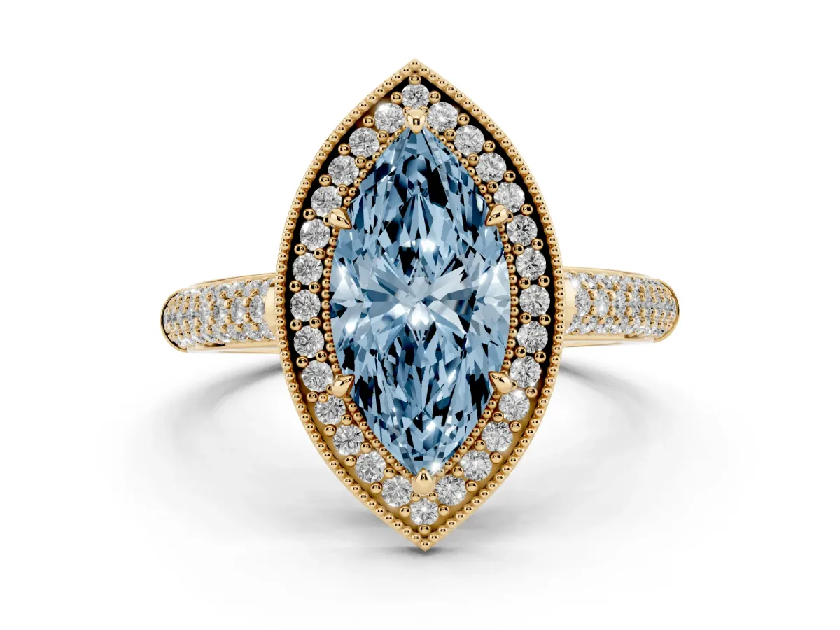 Fancy Blue Marquise Cut Cut Halo Diamond Pave Band with Four-Prong Setting Yellow gold