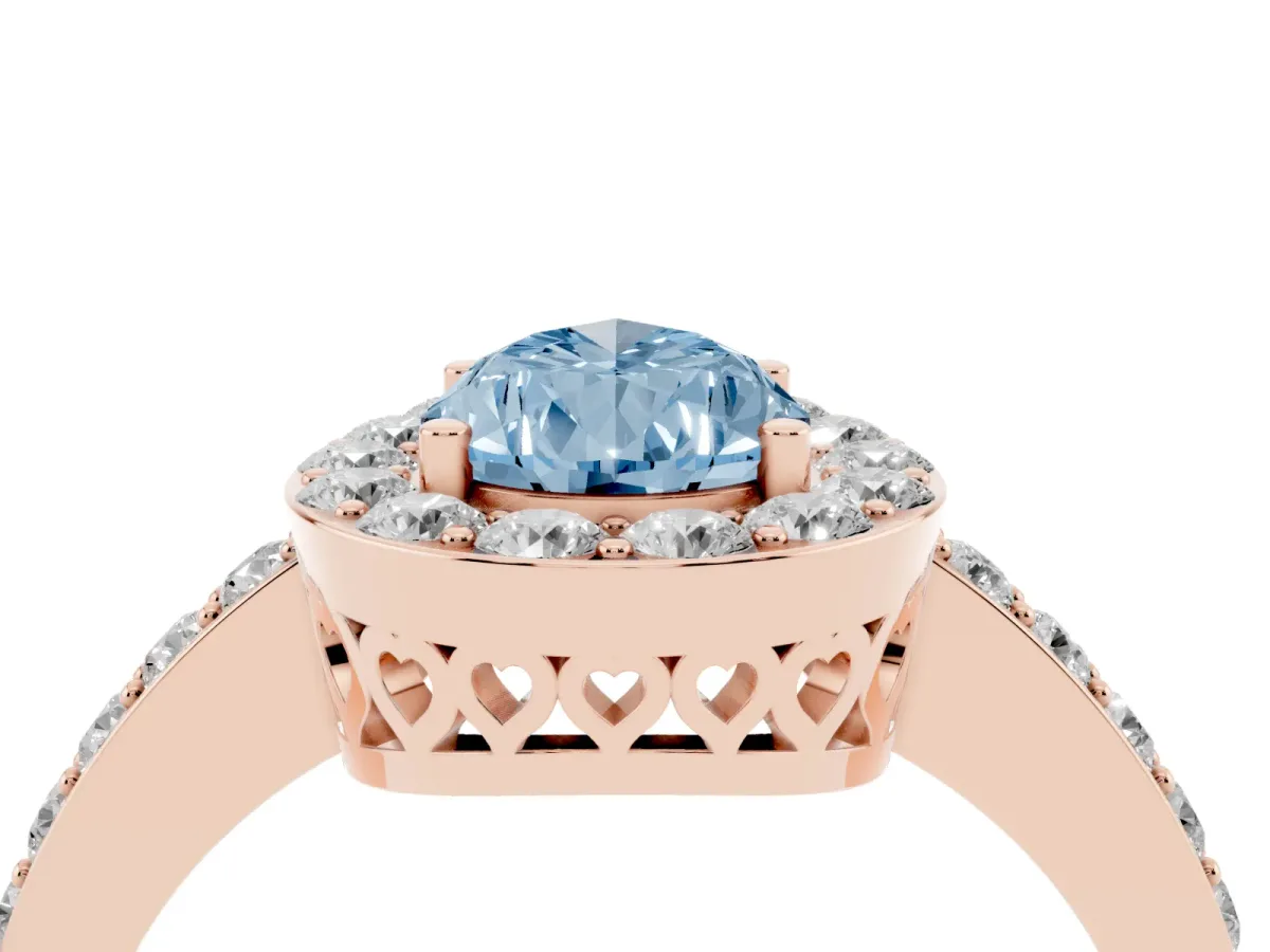 Fancy Blue Pear Cut Halo Diamond Pavé Band Ring with Prong Setting Rose gold