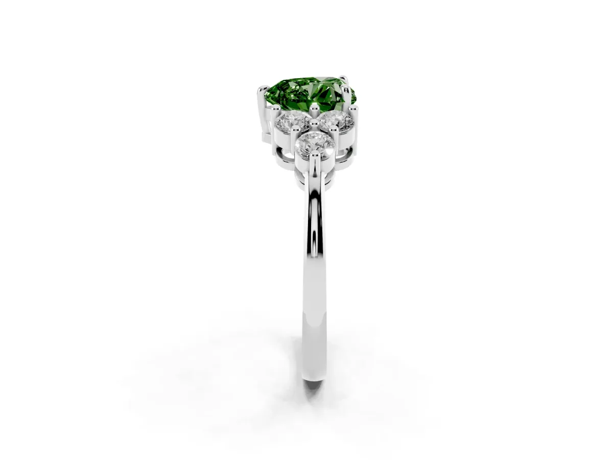 Fancy Green Heart Cut Brilliant Diamond Cluster Accent Solitaire Ring with Prong Setting Silver