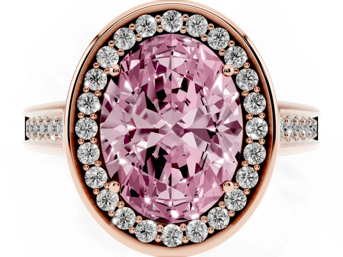 Fancy Pink Oval Cut Halo Solitaire Diamond Ring with Pave Band and Bezel Setting Rose gold
