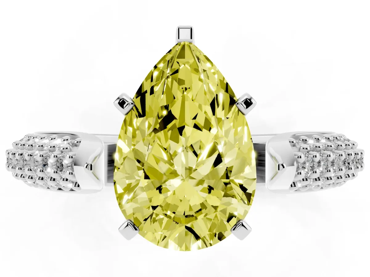 Fancy Yellow Pear Cut Diamond Solitaire Engagement Ring with Multi-Row Round Pavé Band and Prong Setting Silver