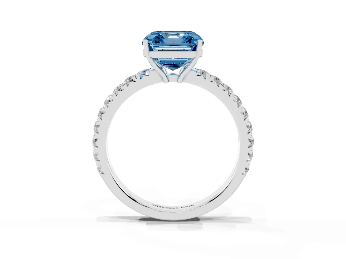 Fancy Blue Asscher Cut Diamond Pavé Solitaire Engagement Ring with Four-Prong Setting Platinum