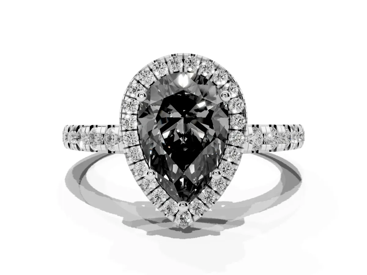 Fancy Black Pear Cut Diamond Halo Ring with Pavé Band and Four-Prong Setting Platinum