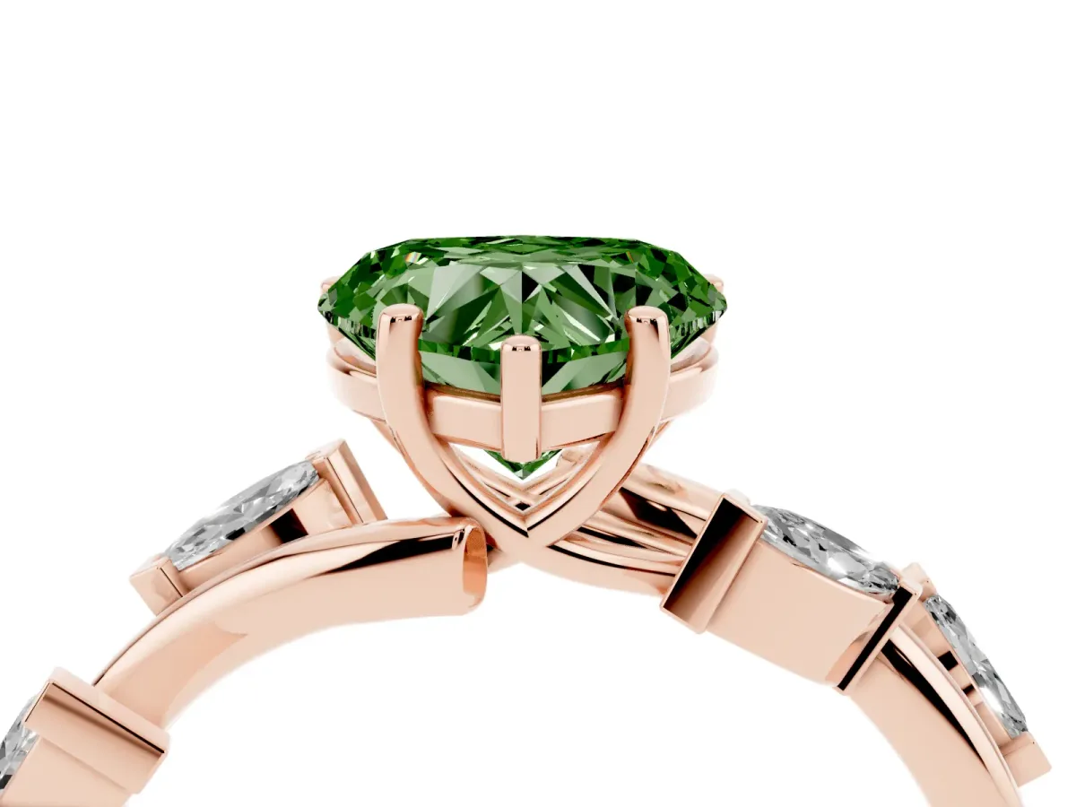 Fancy Green Heart Cut Solitaire Twisted Band Marquise Accent Prong Setting Ring Rose gold