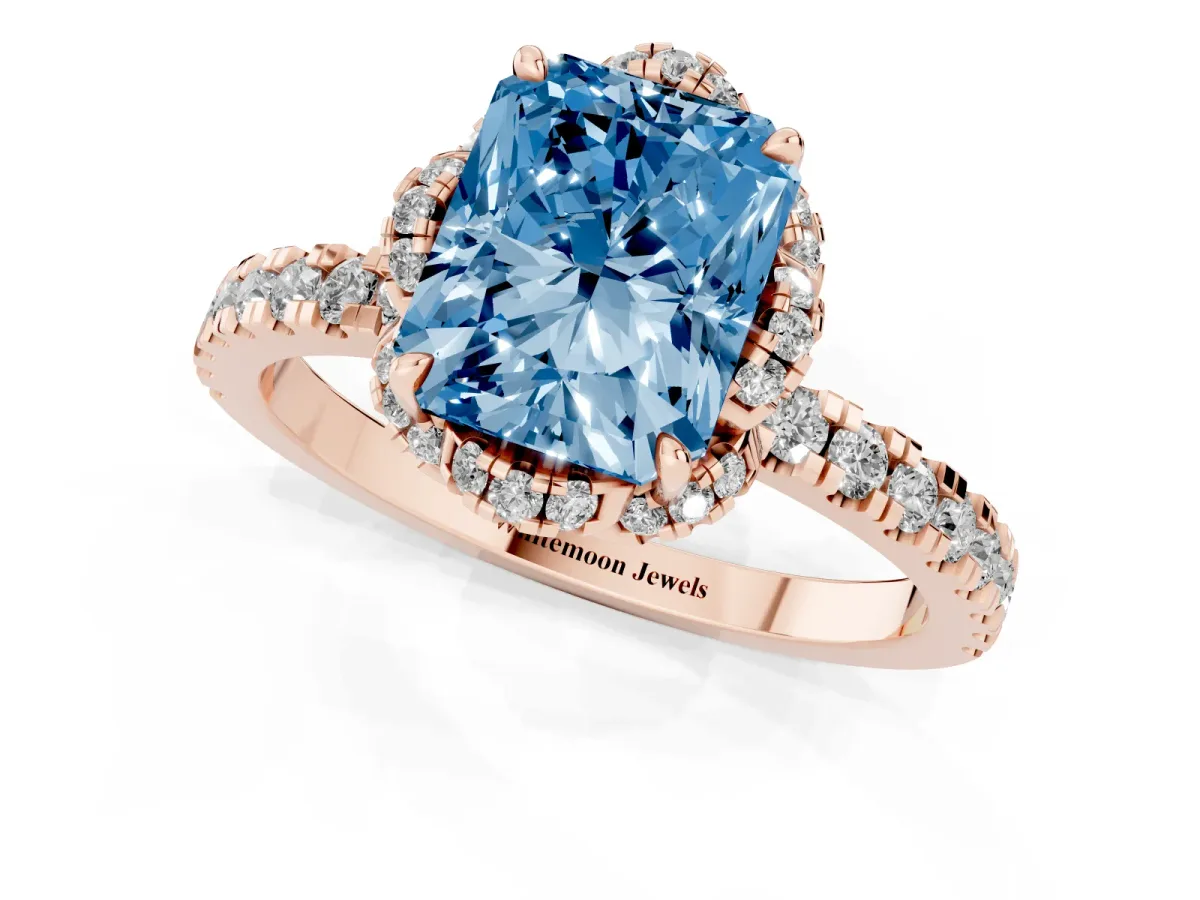 Fancy Blue Radiant Cut Halo Diamond Pave Band Ring with Four-Prong Setting Rose gold