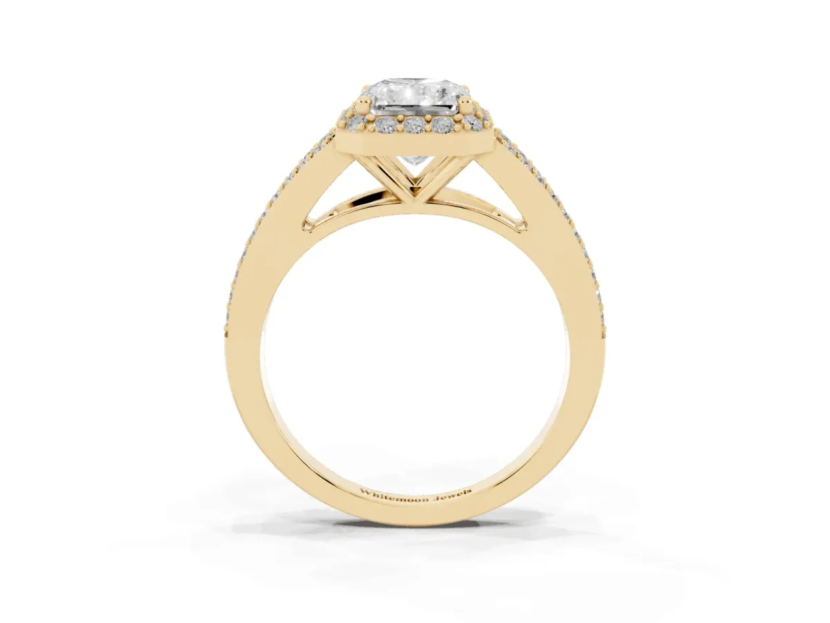Radiant Cut Halo Split Shank Diamond Ring with Prong Setting Yellow gold