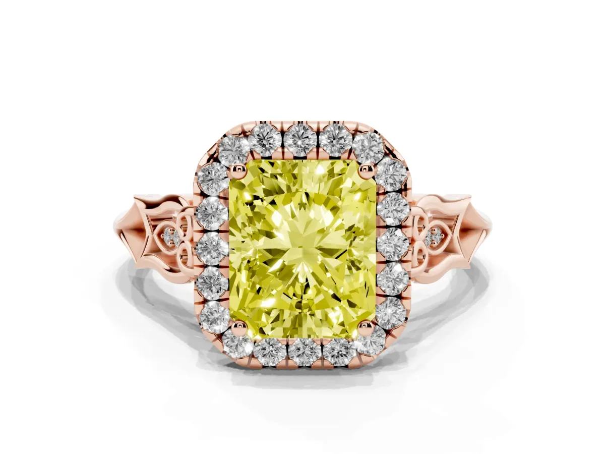 Fancy Yellow Radiant Cut Halo Diamond Engagement Ring with Filigree Band and Four-Prong Setting Rose gold