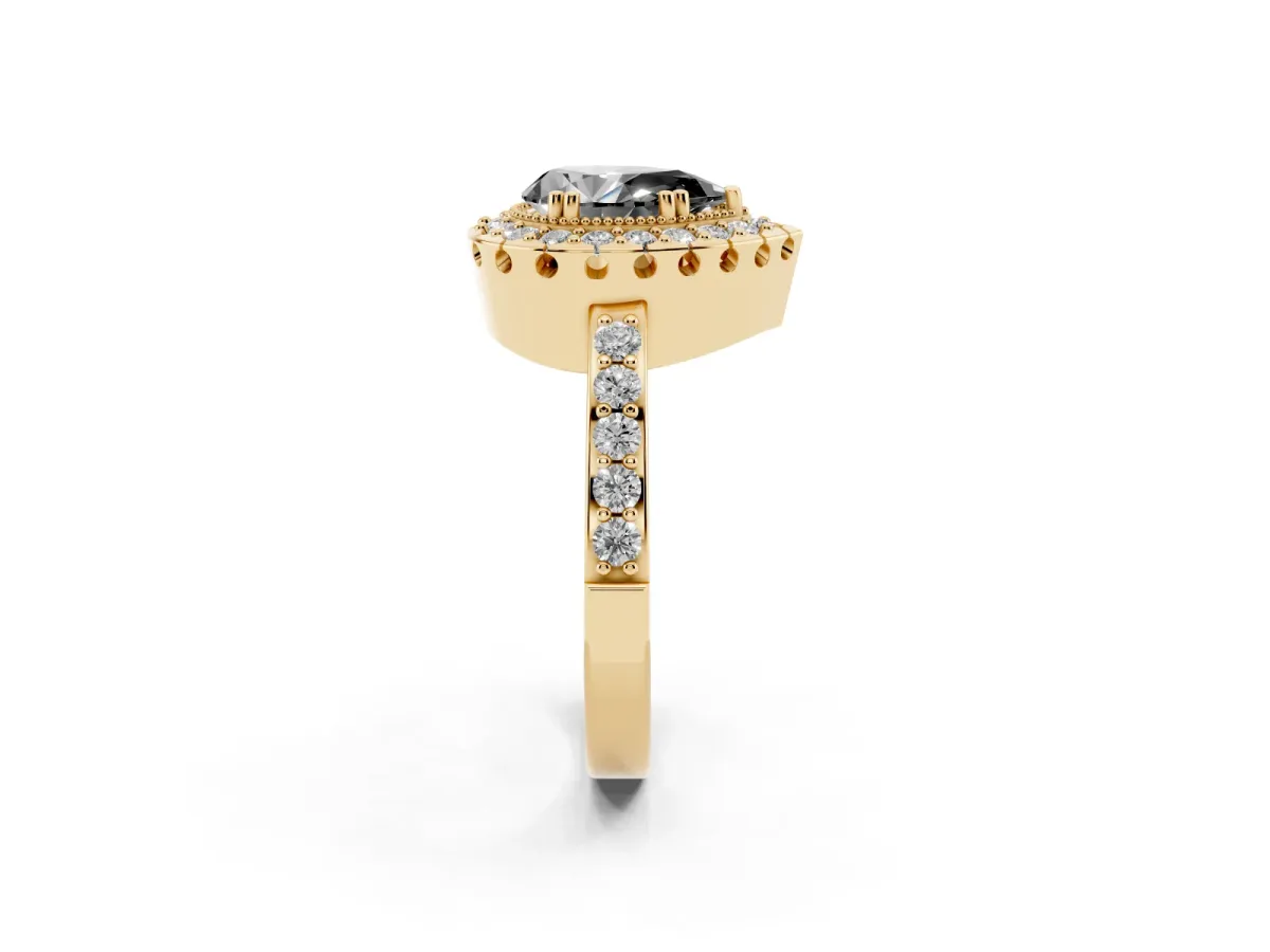 Fancy Black Pear Cut Diamond Halo Ring with Pavé Band and Prong Setting Yellow gold