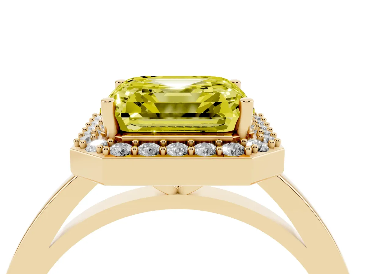 Fancy Yellow Asscher Cut Halo Diamond Ring with Solitaire Band and Prong Setting Yellow gold