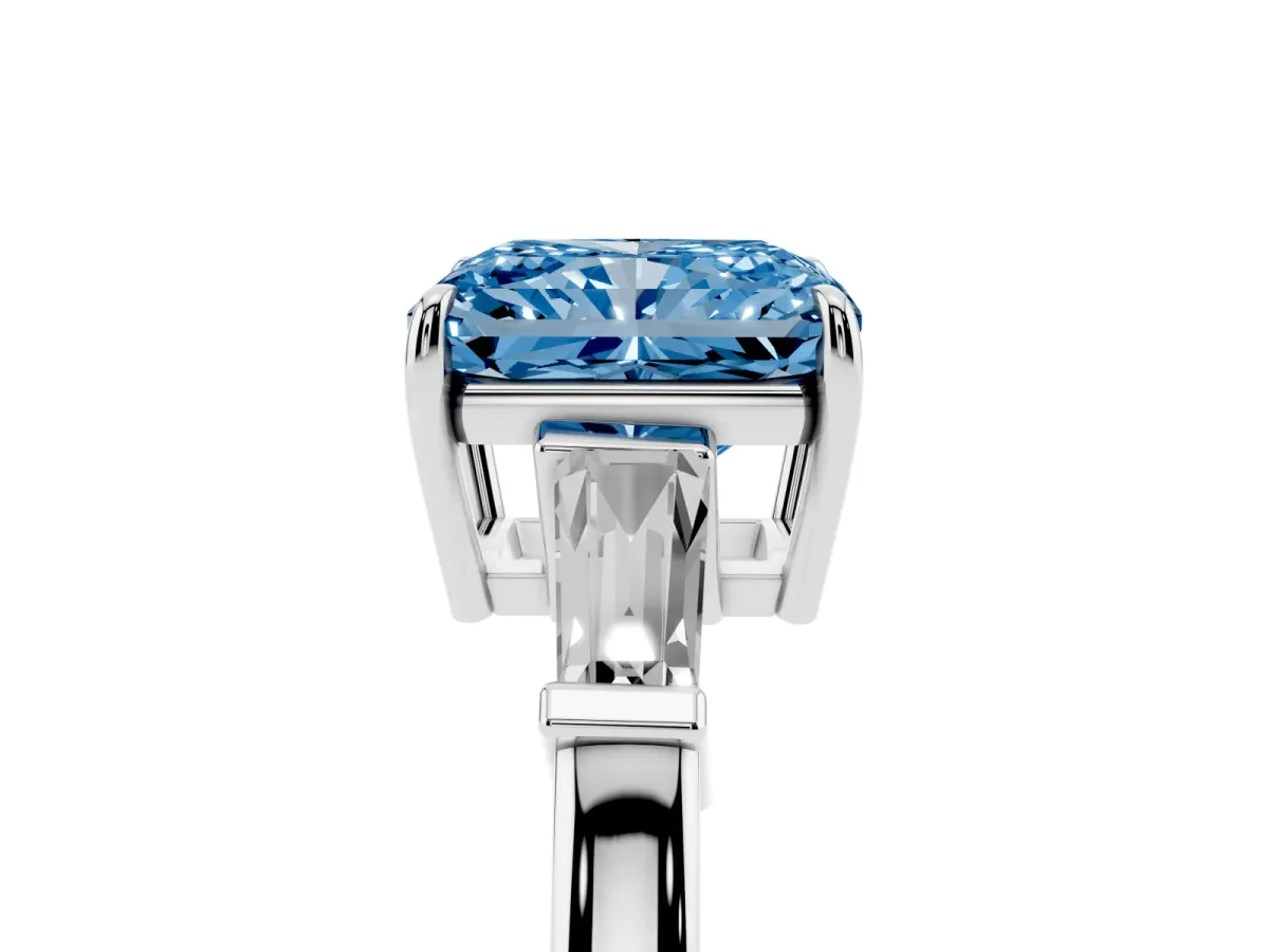Fancy Blue Radiant Cut Diamond Three-Stone Ring with Tapered Baguette Side Stones and Prong Setting White gold