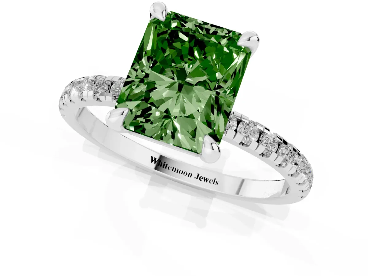 Fancy Green Radiant Cut Diamond Brilliant Solitaire Ring with Pavé Band and Four-Prong Setting Silver