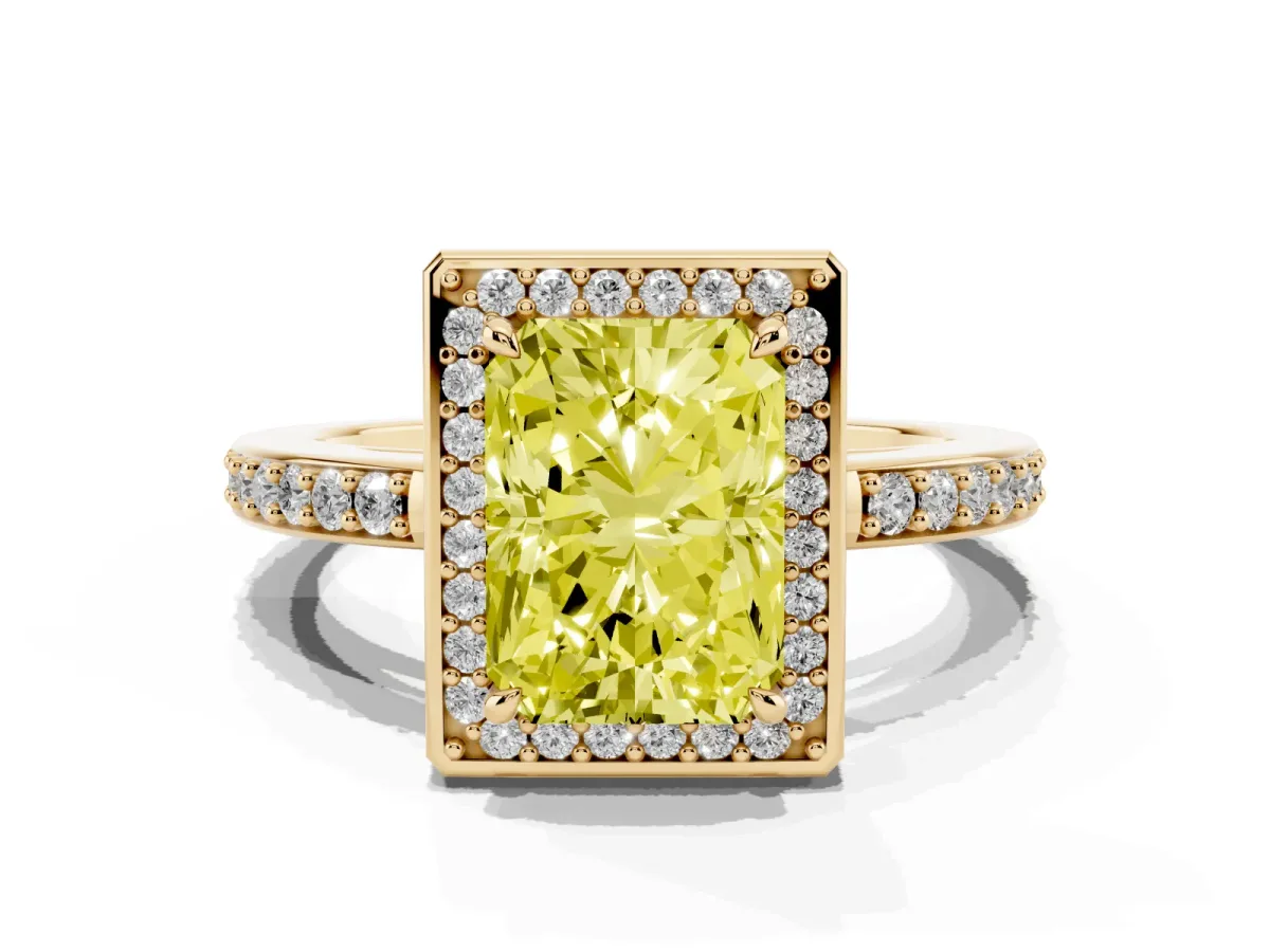 Fancy Yellow Radiant Cut Halo Pave Band Solitaire Ring with Prong Setting Yellow gold