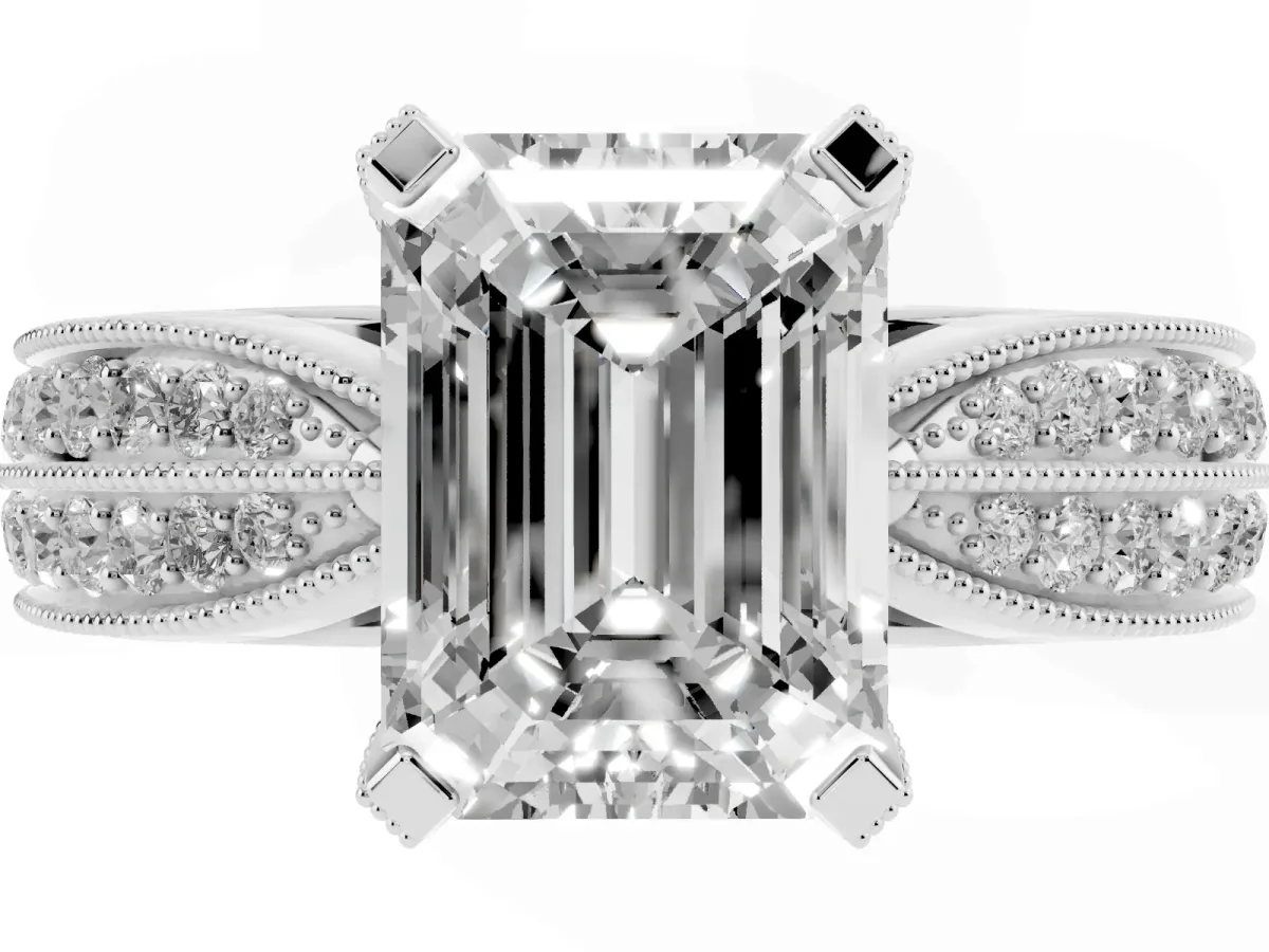 Emerald Cut Diamond Solitaire Ring with Milgrain Round Pavé Band and Prong Setting Platinum