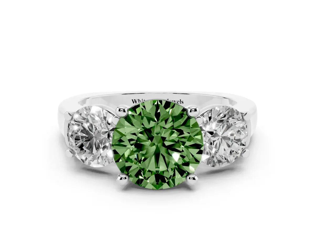 Fancy Green Three-Stone Round Cut Brilliant Diamond Trellis Ring with Comfort Fit Band White gold