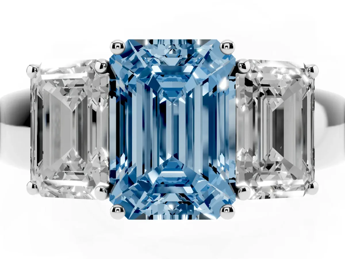 Fancy Blue Three-Stone Emerald Cut Cut Diamond Ring with Prong Setting and Classic Band Silver