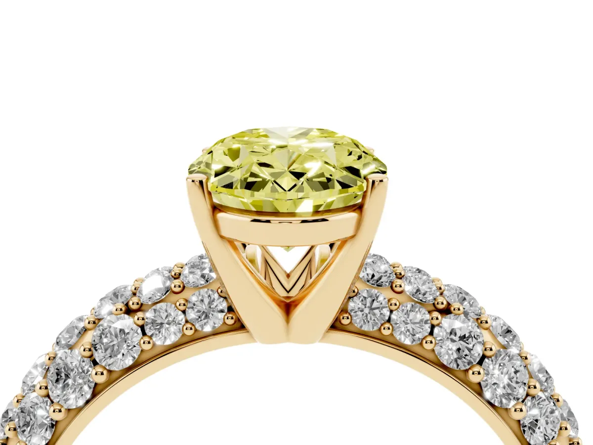 Fancy Yellow Oval Cut Diamond Pavé Band Solitaire Ring with Four-Prong Setting Yellow gold