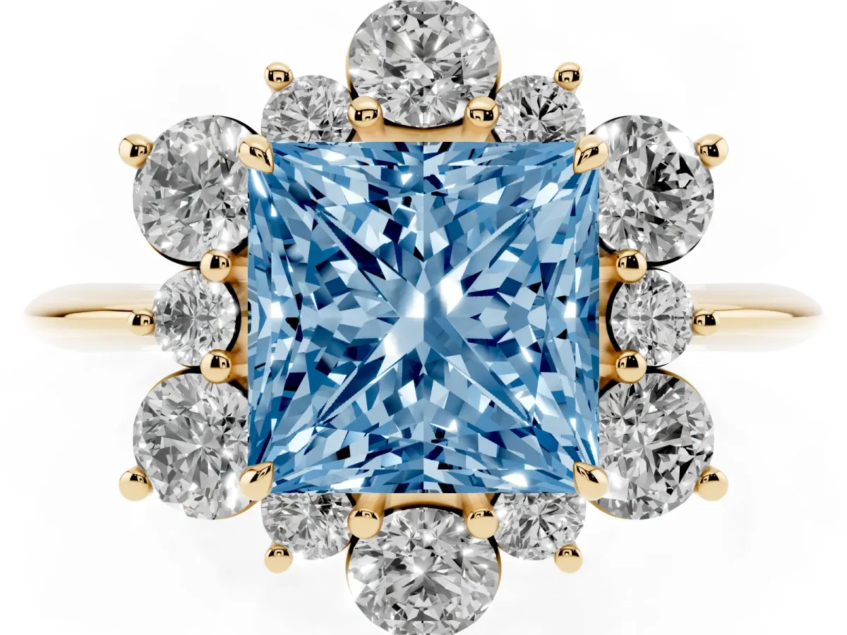 Fancy Blue Princess Cut Diamond Cluster Halo Ring with Solitaire Band and Four-Prong Setting Yellow gold